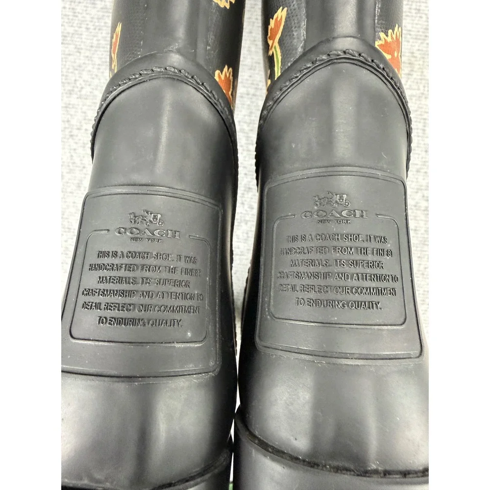 Coach Tristee Floral Rain Boots Black Matte Rubber Tall Lace Back Womens 8B